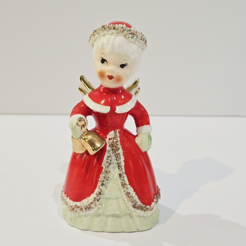 Vintage 1956 NAPCO Spaghetti Trim Christmas Gold Bells Bell Angel Red Dress